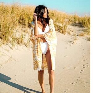 Maison Du Soir Yellow & White Palm Print‎ Robe Kimono Beach Coverup M/L